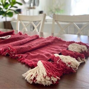 Mud Pie solid red ponchaa table runner 18x90” with tassels NWT